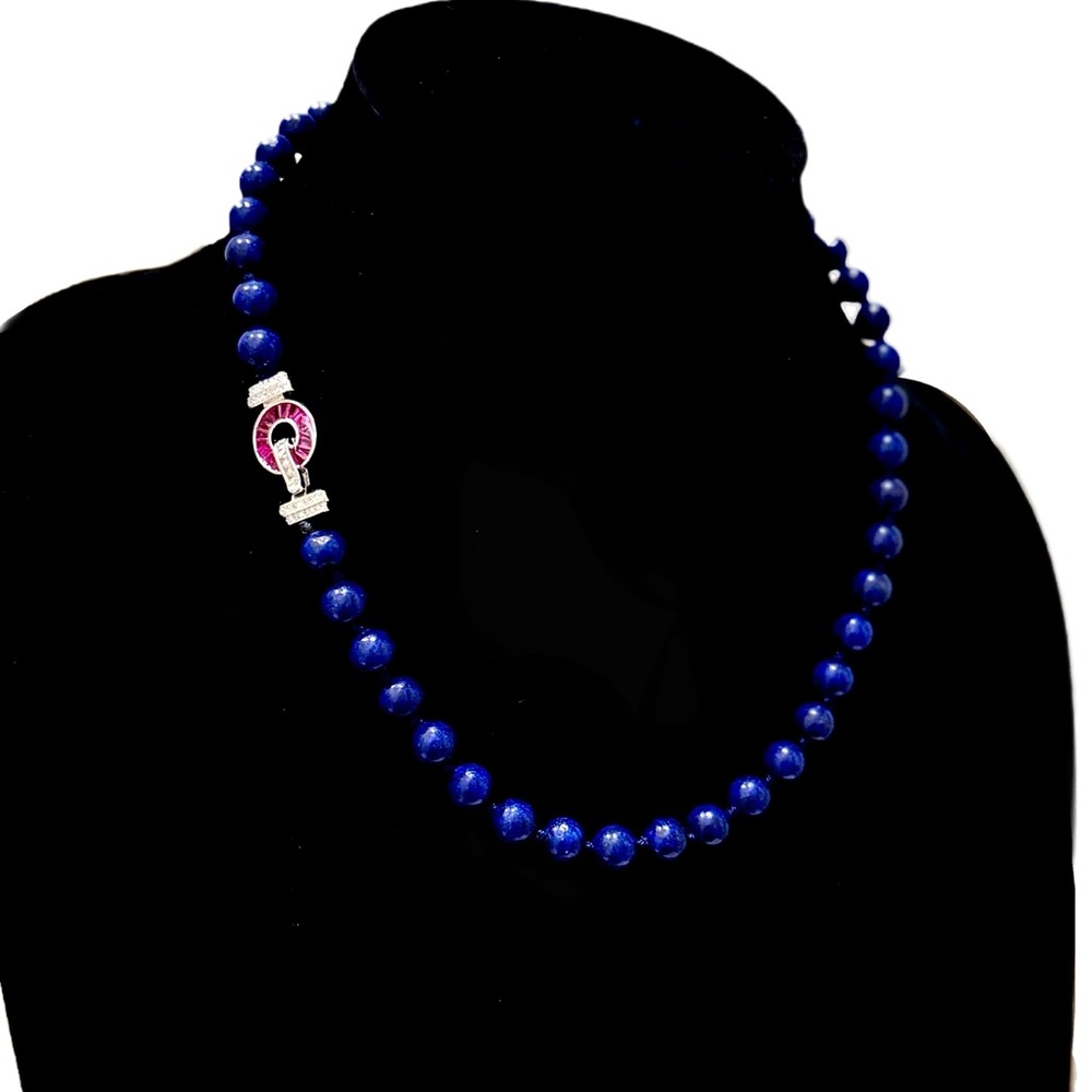 ARTISAN CHARM | Lapis Lazuli Beaded Necklace | Pink Crystal Silver Snap Closure
